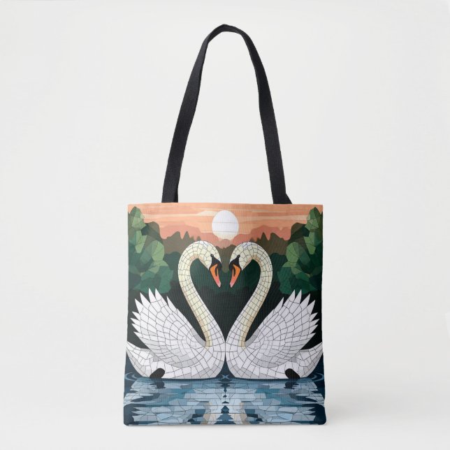 Mosaic Swan Couple Forming Heart Shape Tote Bag (Front)