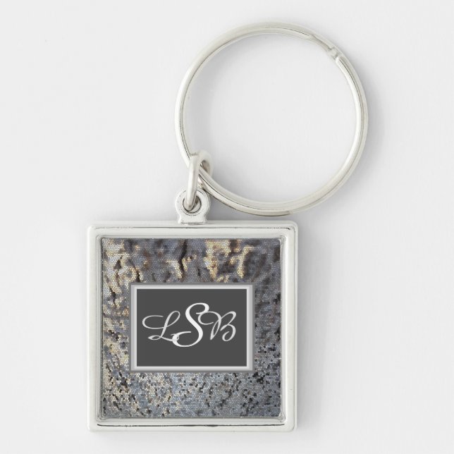 Mosaic Tile Elegant Black Gray Monogram Keychain (Front)