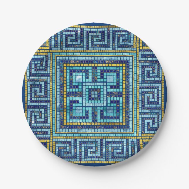 Mosaic Tile Greek Meander Key Paper Plates (Front)