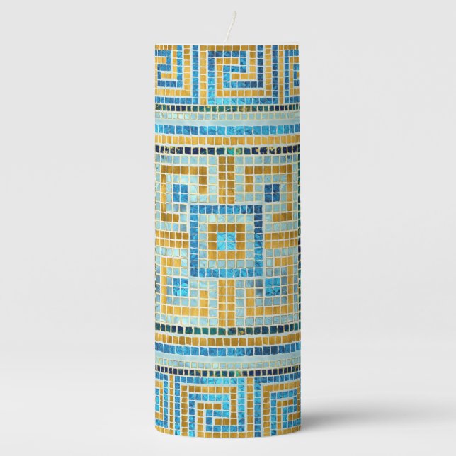 Mosaic Tile Greek Meander Key Pillar Candle (Front)