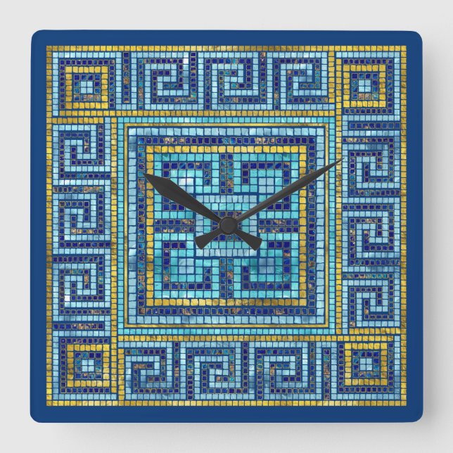 Mosaic Tile Greek Meander Key Square Wall Clock (Front)
