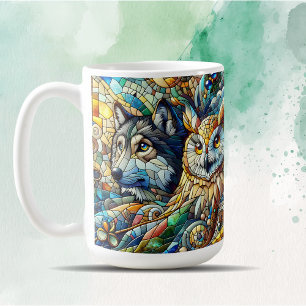 Mosaic Tile Wolf and Owl Coffee Mug