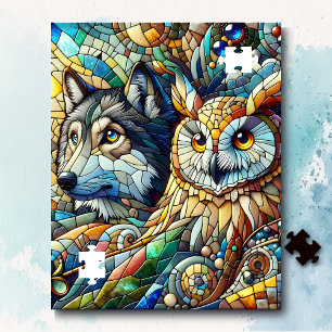 Mosaic Tile Wolf and Owl Jigsaw Puzzle