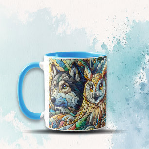 Mosaic Tile Wolf and Owl Mug