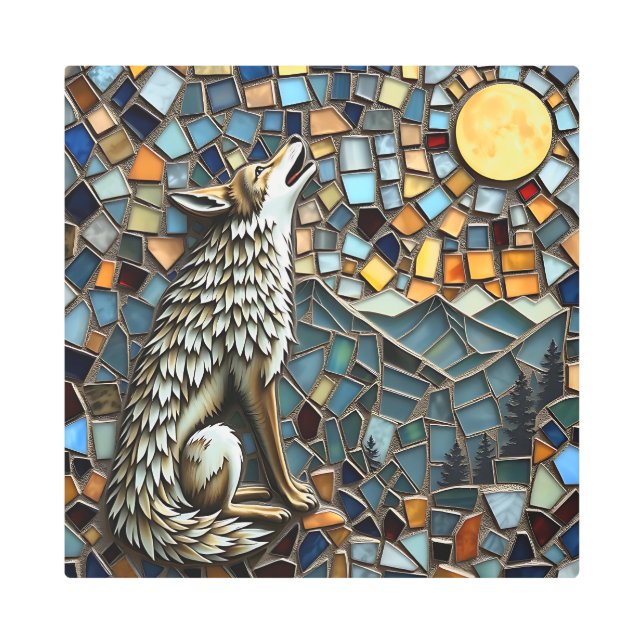Mosaic Tile Wolf Howling at the Moon Metal Print (Front)