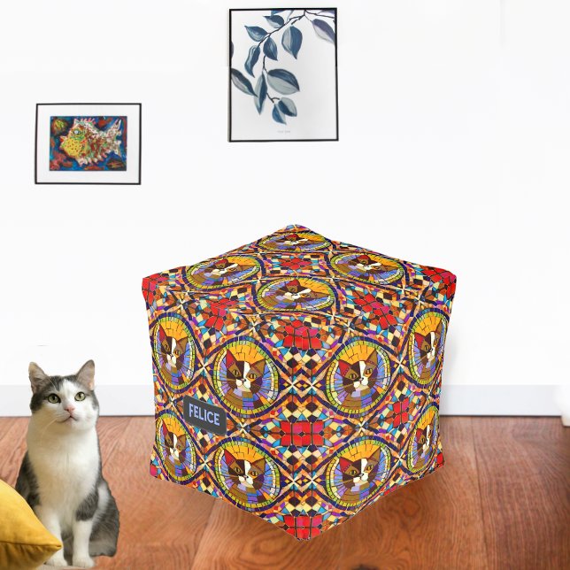 Mosaic Tiles Calico Cat - Your name on cheerful Pouf (Creator Uploaded)