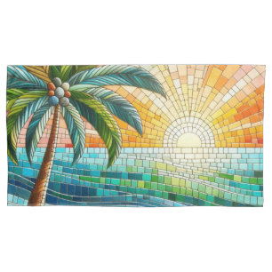 Mosaic Tropical Beach Sunset Palm Art Pillow Case