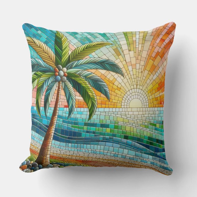 Mosaic Tropical Beach Sunset Palm Throw Pillow (Front)