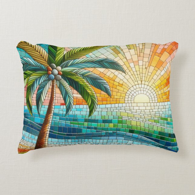 Mosaic Tropical Beach Sunset Palm Tree Accent Pillow (Front)