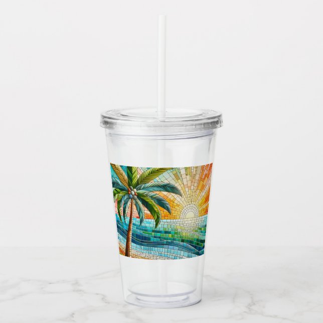 Mosaic Tropical Beach Sunset Palm Tree Acrylic Tumbler (Front)