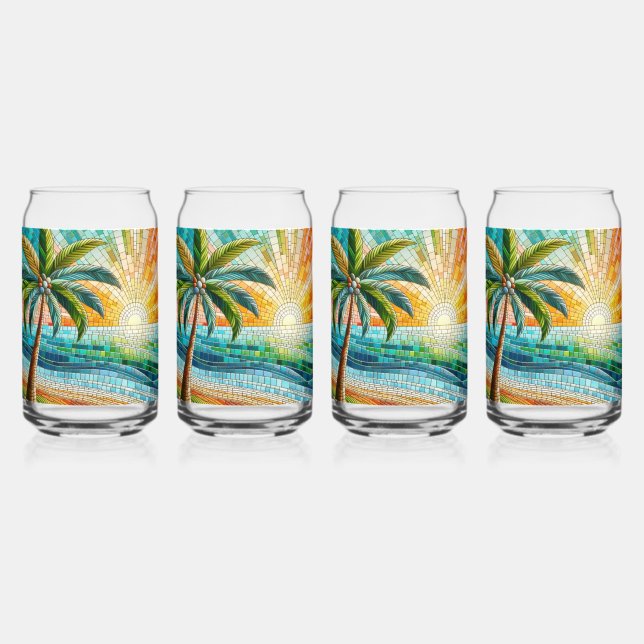 Mosaic Tropical Beach Sunset Palm Tree Can Glass (Front)