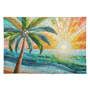 Mosaic Tropical Beach Sunset Palm Tree Cloth Placemat