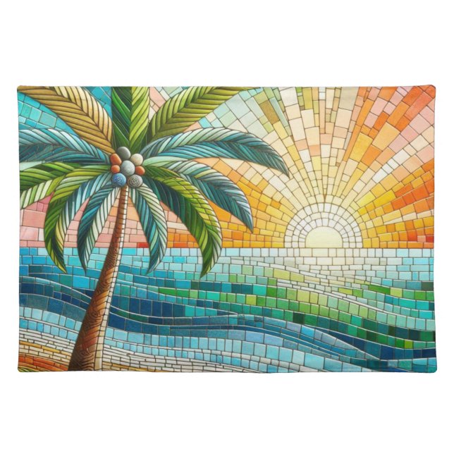 Mosaic Tropical Beach Sunset Palm Tree Cloth Placemat (Front)