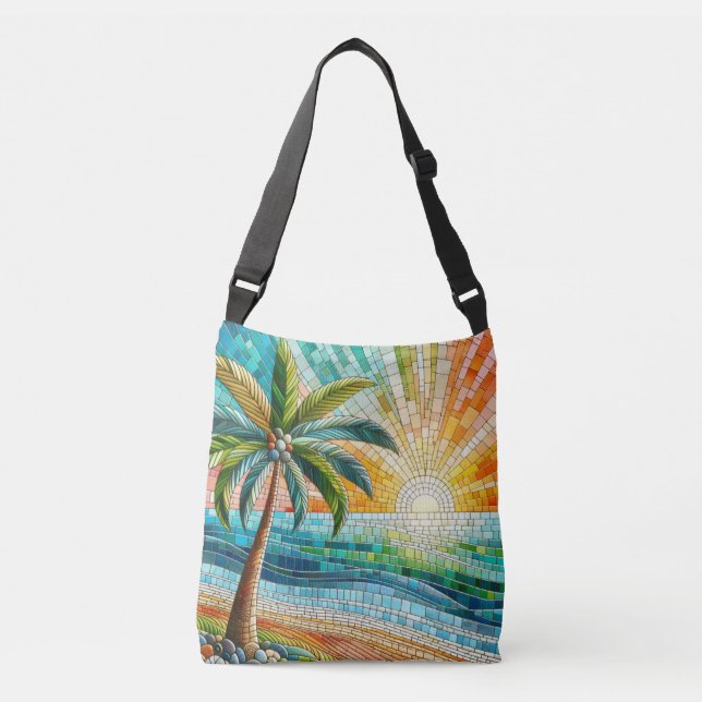 Mosaic Tropical Beach Sunset Palm Tree Crossbody Bag (Front)
