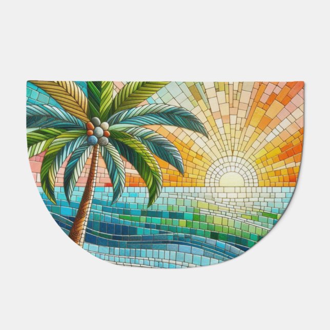 Mosaic Tropical Beach Sunset Palm Tree Doormat (Front)