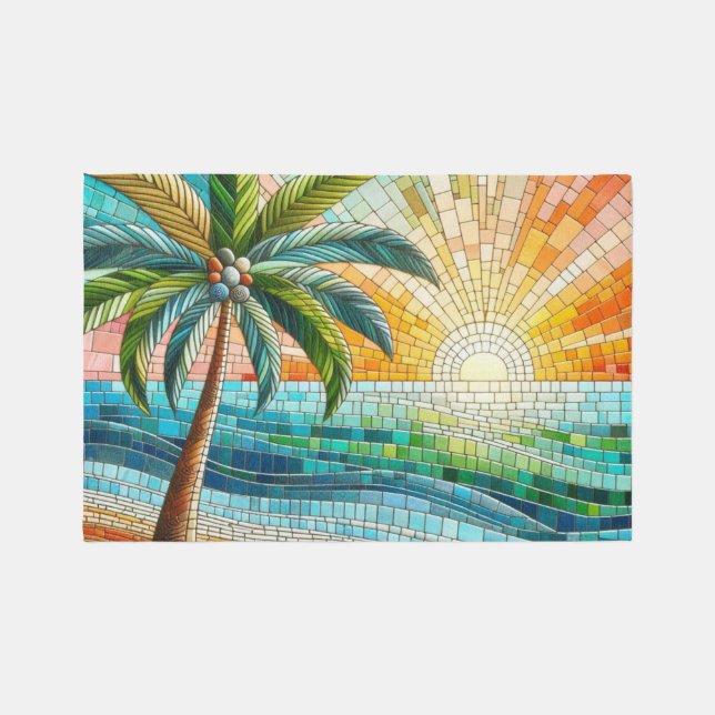 Mosaic Tropical Beach Sunset Palm Tree Outdoor Rug (Front)
