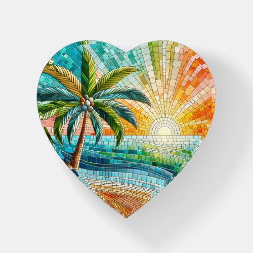 Mosaic Tropical Beach Sunset Palm Tree Paperweight