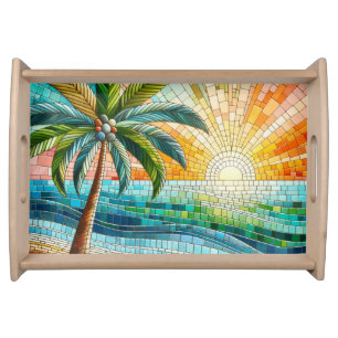 Mosaic Tropical Beach Sunset Palm Tree Serving Tray