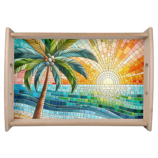 Mosaic Tropical Beach Sunset Palm Tree Serving Tray (Front)