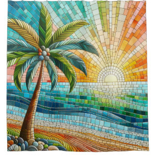 Mosaic Tropical Beach Sunset Palm Tree Shower Curtain
