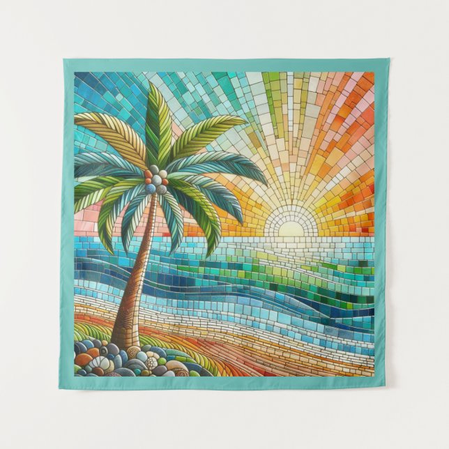 Mosaic Tropical Beach Sunset Palm Tree Square Tapestry (Front)