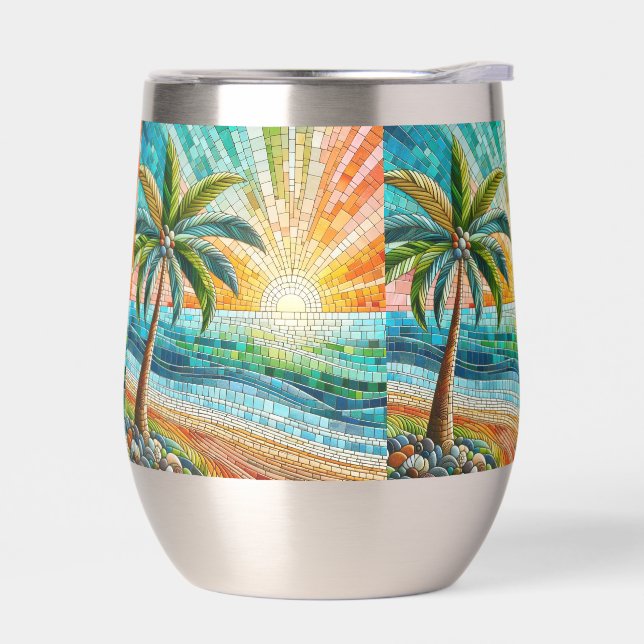 Mosaic Tropical Beach Sunset Palm Tree Thermal Wine Tumbler (Left)