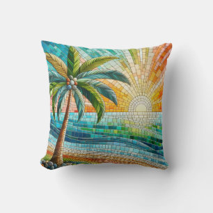 Mosaic Tropical Beach Sunset Palm Tree Throw Pillow