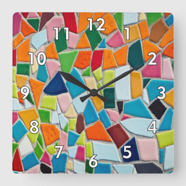 Mosaic Wall w/White Bordered Numbers Square Wall Clock (Front)