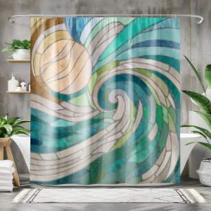 Mosaic Wave and Moon Shower Curtain