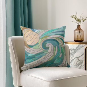 Mosaic Wave and Moon Throw Pillow