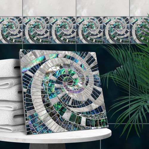 Mosaic Wave Spiral _ Abalone and Pearl Ceramic Tile