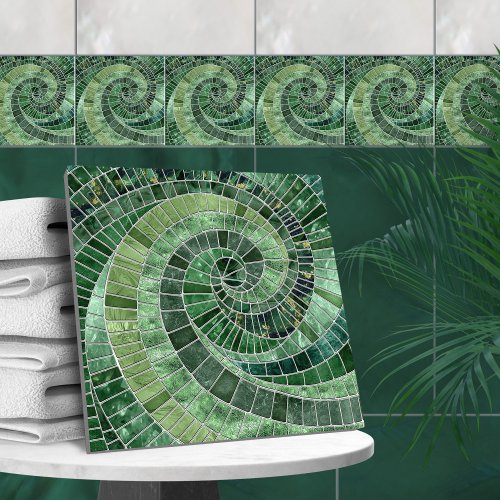 Mosaic Wave Spiral _ Muted Green Ceramic Tile