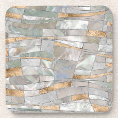 Mosaic Waves Art _ Pearl and Pastel Gold Beverage Coaster