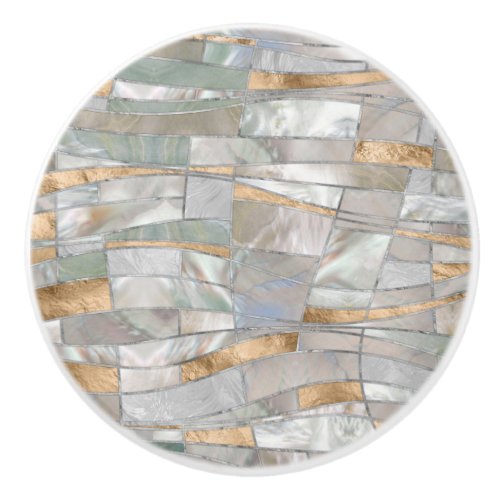 Mosaic Waves Art _ Pearl and Pastel Gold Ceramic Knob