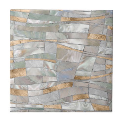 Mosaic Waves Art _ Pearl and Pastel Gold Ceramic Tile