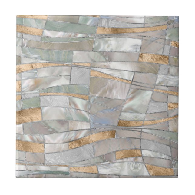 Mosaic Waves Art - Pearl and Pastel Gold Ceramic Tile (Front)