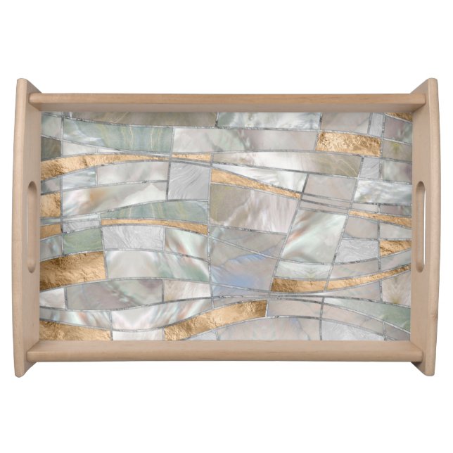 Mosaic Waves Art - Pearl and Pastel Gold Serving Tray (Front)