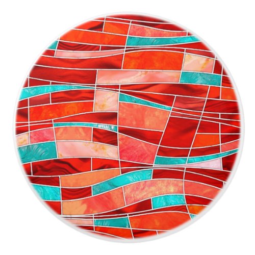 Mosaic Waves Art _ Rosso Corsa and Green Sheen Ceramic Knob