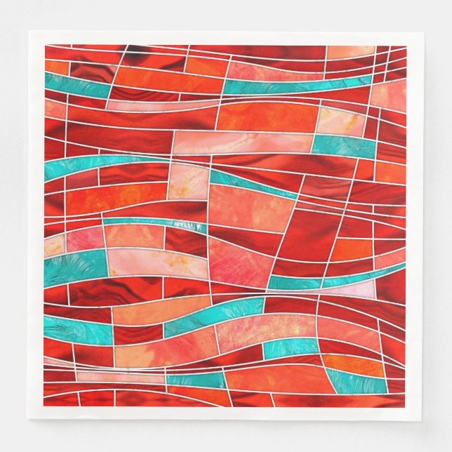 Mosaic Waves Art - Rosso Corsa and Green Sheen Paper Dinner Napkins (Front)