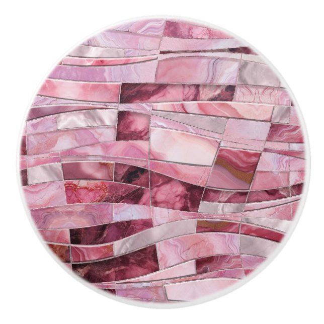Mosaic Waves - Pink Marble Abstract Ceramic Knob (Front)