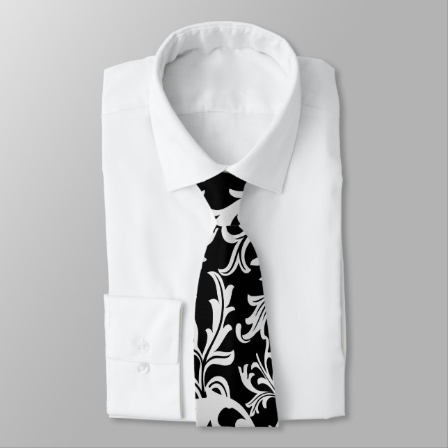 Mosaic ًWhite leaves, floral pattern, love nature Neck Tie (Tied)