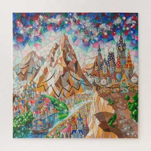 Mosaic with painting mountains castle dragon jigsaw puzzle