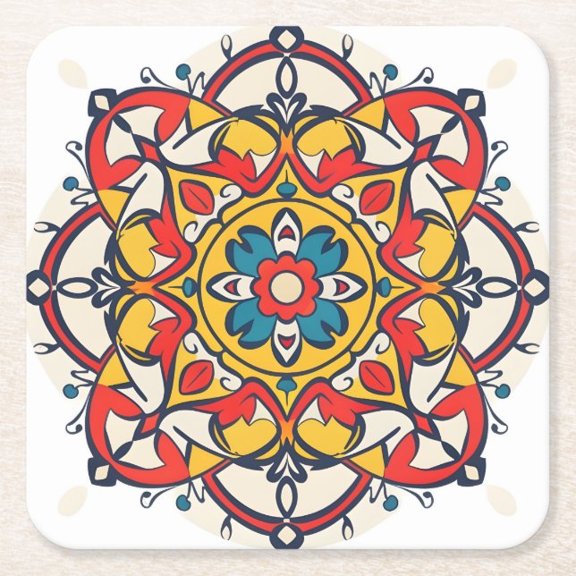 mosaic yellow red square paper coaster (Front)