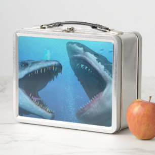 Mosasaurus versus megalodon metal lunch box