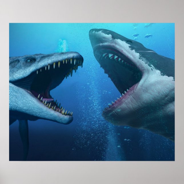 Mosasaurus versus megalodon poster (Front)