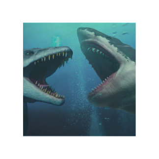 Mosasaurus versus megalodon wood wall art