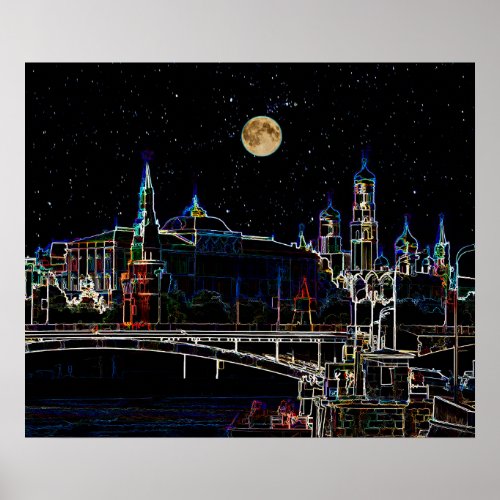 Moscow Kremlin Skyline At Night With Full Moon Poster