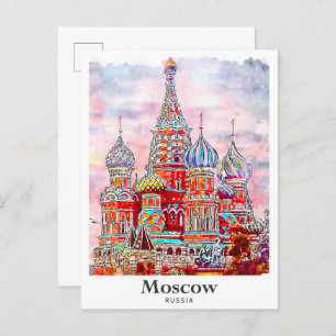 Moscow Russia Denmark Watercolor Hand Drawn Postcard