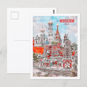 Moscow Russia Famous Travel Watercolor Sketch Postcard