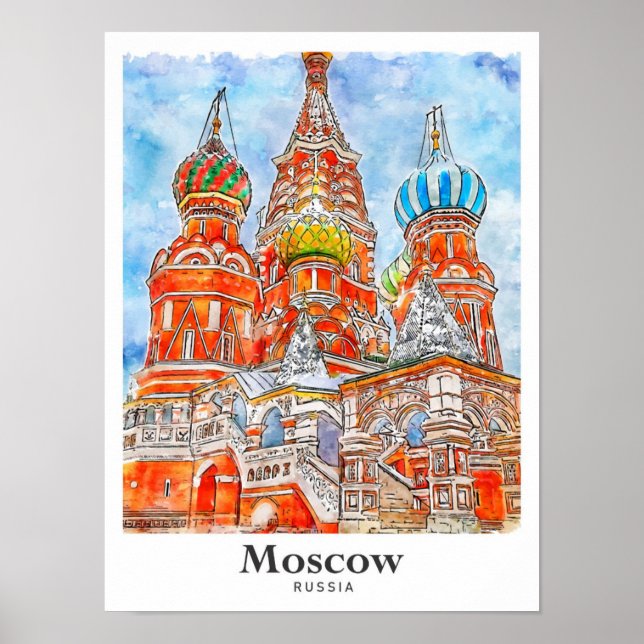 Moscow Russia Travel Watercolor Hand Drawn Poster (Front)